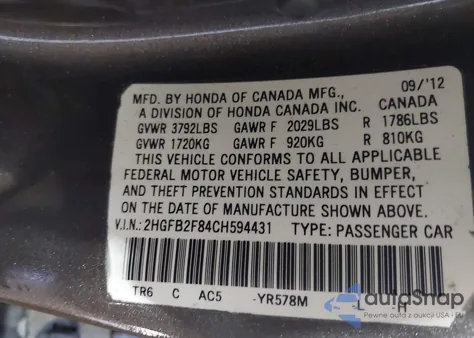 2012 Honda Civic Ex from USA, damaged, VIN 2HGFB2F84CH594431